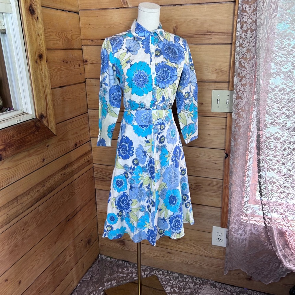 Vintage Linen Skirt Set Women Small Blue Floral Mod Retro Liz Claiborne